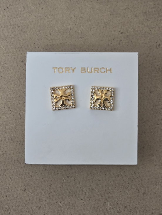 Tory Burch Jewelry - Tory Burch Gold and Crystal Square Logo Stud Earrings